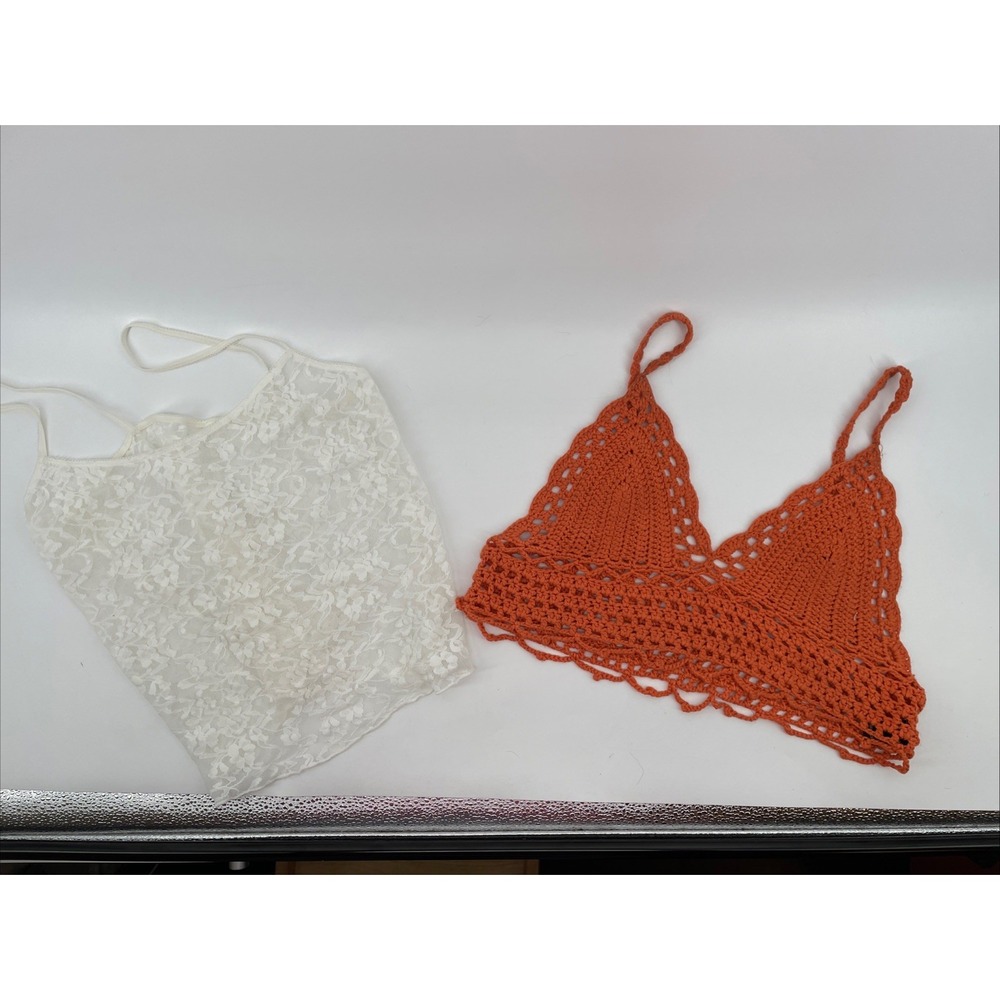 2-Orange Crochet Bralette Top And Ivory Lace Tank Top Women's Medium Festival